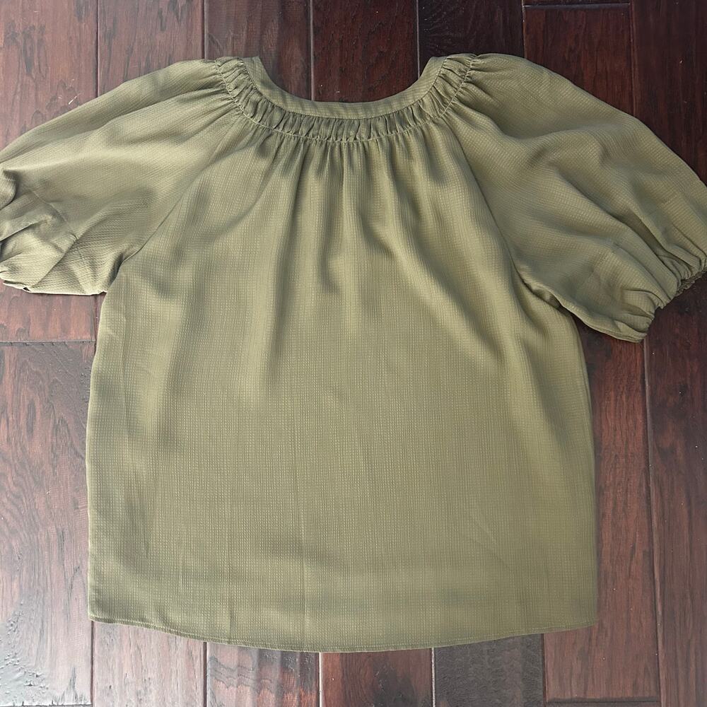 Calvin Klein Olive Green balloon sleeve blouse Women size L flowy office Career - Picture 2 of 7